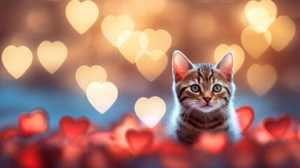 Cute cat on heart shape bokeh background - obrazy, fototapety, plakaty