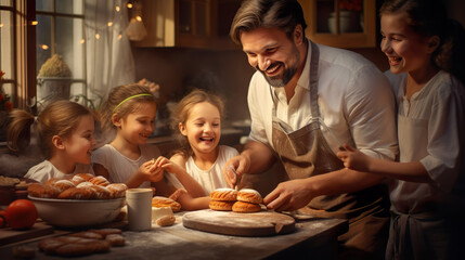 The family Very happy with the children Preschoolers enjoy making bakery or Baking cookies at home together.