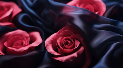 Dark red and purple Valentine's day background with rose, silk and beautiful bokeh