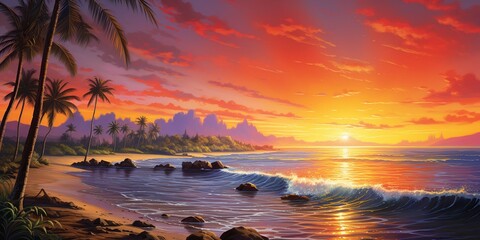Fototapeta na wymiar Create an image of a vibrant beach at sunset—palm trees, golden sands, gentle ocean waves—tranquility and tropical paradise euphoria