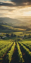 Obraz premium Capture a picturesque vineyard at sunset—a rolling landscape of vine-covered hills, a rustic winery, elegance, fine wine allure