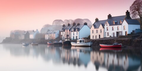 Naklejka premium Capture a tranquil seaside village at dawn with pastel-hued cottages, resting fishing boats, and the gentle tide's lap—serenity in simplicity