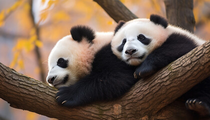 Fototapeta premium happy panda couple on the tree