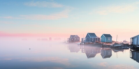 Capture a tranquil seaside village at dawn with pastel-hued cottages, resting fishing boats, and the gentle tide's lap—serenity in simplicity