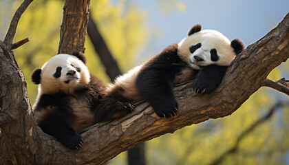happy panda couple on the tree