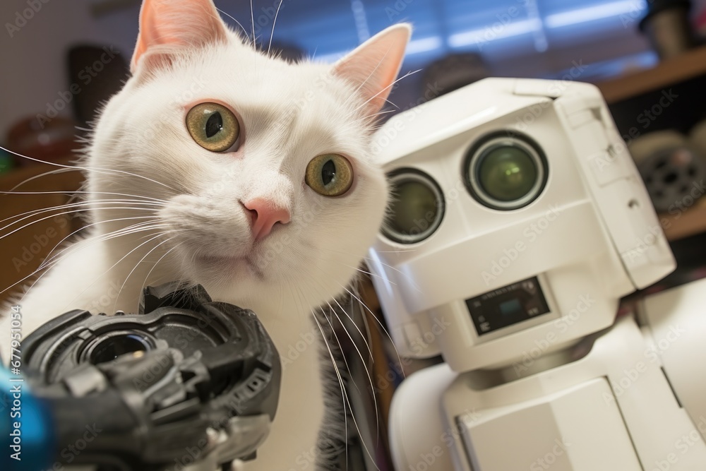 Poster a white cat sitting on top of a table next to a robot. generative ai.