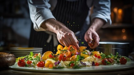 Capture culinary artistry in a close-up of a chef's hands crafting a gourmet dish in a well-organized kitchen, exuding joy