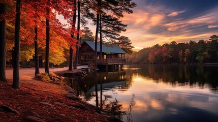 Fototapeta premium Explore a lakeside cabin in the autumn woods, surrounded by a symphony of vibrant colors—a haven for quiet reflection and solitude