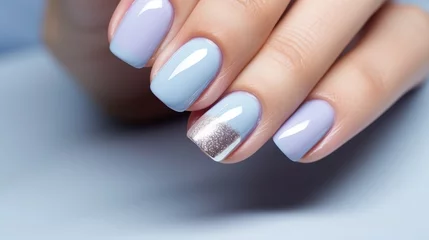 Foto auf Acrylglas A woman's hand with a blue and silver manicure. A nail design. Generative AI. © Natalia