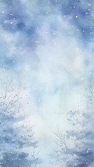 high, narrow, simple background watercolor drawing abstract blue light winter background blurred snowfall nature theme