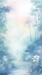 high, narrow, simple background watercolor drawing forest in the jungle in the rainy season