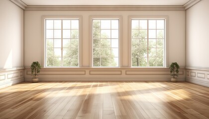 empty vintage living room interior with big windows and wooden floor - obrazy, fototapety, plakaty