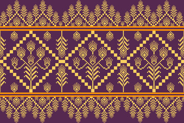 traditional Thai fabric pattern about the golden rice and tree in the square shape line on the purple background.