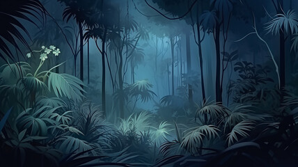 watercolor background light green blue and white shades rainforest in the rainy season, abstract background