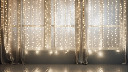 window in Christmas decoration with small glowing lights garlands, new year background