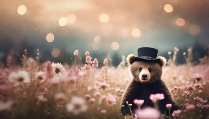 Brown bear in black top hat sitting in pink flower field; widescreen background / wallpaper