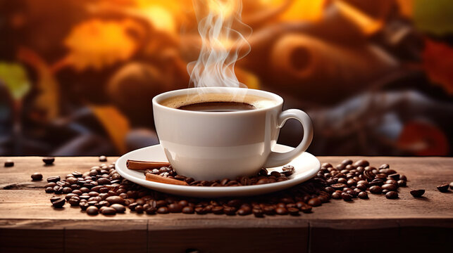 Hot coffee in a white coffee cup With steam rising from the cup and  lots of coffee beans placed around.