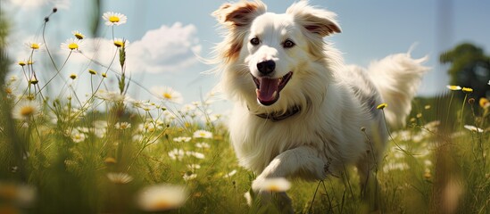 summer amidst a vibrant garden full of blooming flowers a happy dog frolics on the lush green grass its white fur dancing gentle breeze creating a picturesque background in harmony with nat - obrazy, fototapety, plakaty