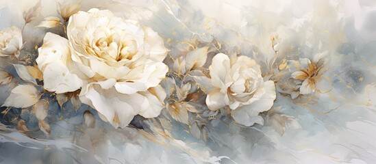 In the vintage interior an abstract watercolor illustration of a white rose is showcased on a textured paper creating a beautiful pattern with a gold background reminiscent of natures serene