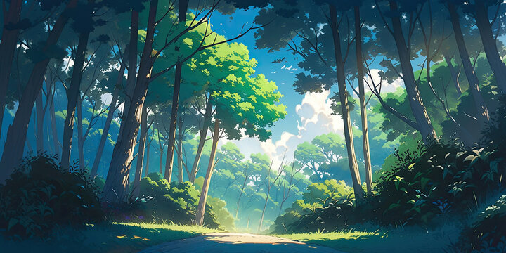 Anime cartoon. style beautiful forest woodland background trees backdrop wide nature, generated ai