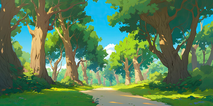Anime cartoon. style beautiful forest woodland background trees backdrop wide nature, generated ai