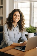 confident business woman with laptop on desk looking at camera while working from home. generative AI