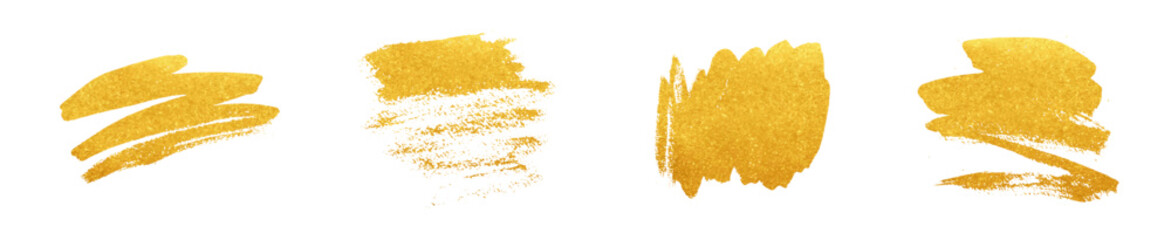 Vector set of gold brush glitter splashes. Golden brush strokes, smears. Foil metal effect. Luxury shiny frame background for labels, Christmas design, stickers. Sparkle stain banner elements - 677952251