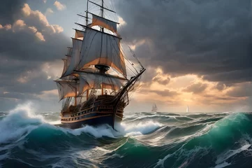 Dekokissen Vintage 18s ship in the ocean oil painting © Amit