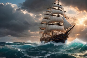 18s vintage oil painting of ship crossing the ocean