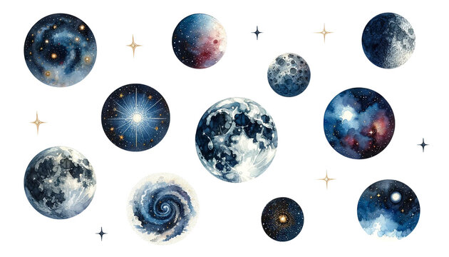 Set of watercolor planets and stars illustration.
Generative AI.