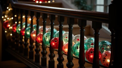 decoration of Christmas spheres hanging on the railing of the house with Christmas lights, decorating as a family