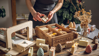 A woman soap maker holds handmade soap in her hands. A lot of different sliced pieces in a wooden box. Eco-friendly natural handmade cosmetics