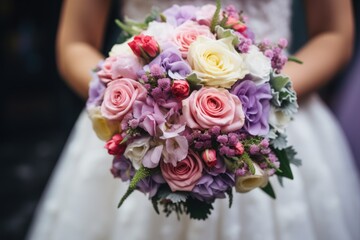 Obraz na płótnie Canvas Beautiful wedding bouquet for the bride with white, rosy and purple roses