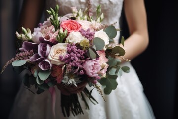 Beautiful wedding bouquet for the bride with white, rosy and purple roses
