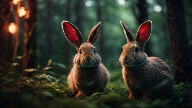 A close-up high-resolution image of two cute rabbits in a beautiful forest.