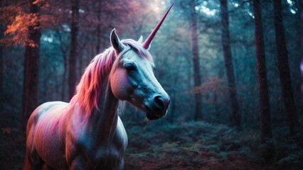 A close-up high-resolution image of a cute unicorn in magical forest.