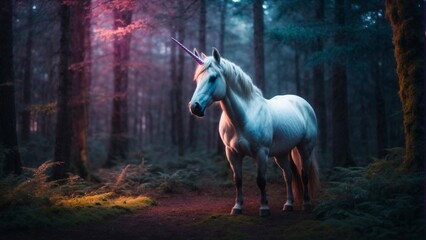 Naklejka premium A close-up high-resolution image of a mythical unicorn in magical forest.