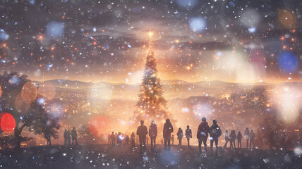 silhouettes of a group people in front of a decorated large Christmas tree on the square, new year holiday abstract background with snowfall