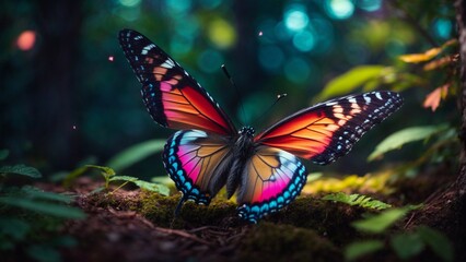 A close-up high-resolution image of a beautiful and colorful butterfly in magical forest.