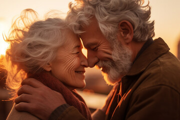elderly couple kissing at sunset, love