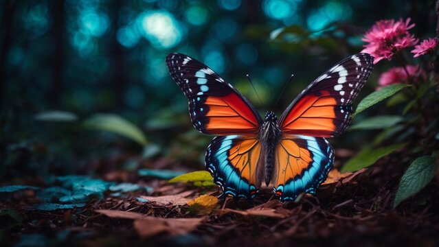 A close-up high-resolution image of a cute colorful butterfly in magical forest.