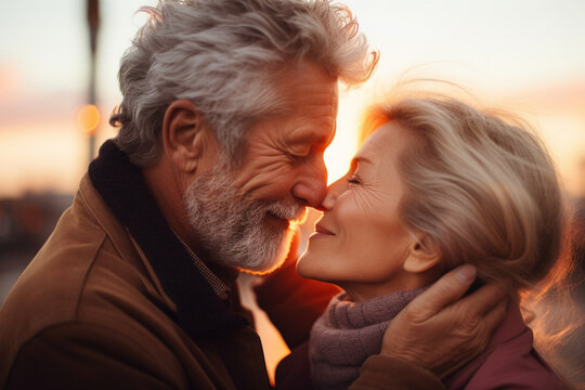 elderly couple kissing at sunset, love