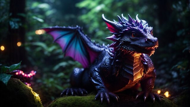 A close-up high-resolution image of a cute baby dragon in magical forest.