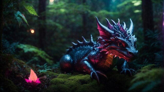 A close-up high-resolution image of an adorable baby dragon in magical forest.