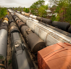 Above view of train cars on multiple trackes at a rail yard