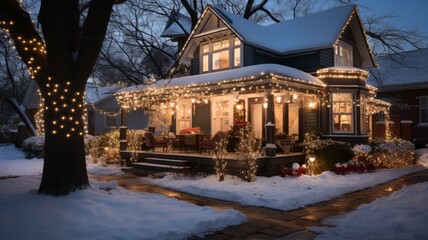 facade of a house decorated for Christmas snowy facade warm lights - obrazy, fototapety, plakaty
