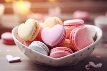 Colorful macarons in heart-shaped bowl, festive confections and charm.