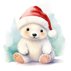 Delightful Christmas charm, young polar bear wearing festive cap, dotted with soft snow, ideal for holiday postcards, Winter spirit.