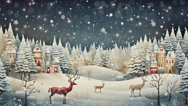 snowy winter christmas fantasy whimsical animation, 4k looping video for background template