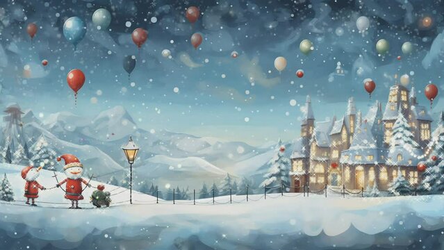 snowy winter christmas fantasy whimsical animation, 4k looping video for background template